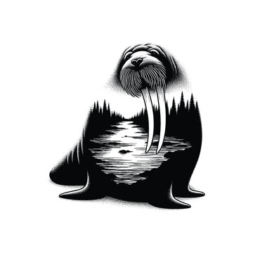 recommend clip art: silhouette of Walrusfilled with river view in rough drawing,