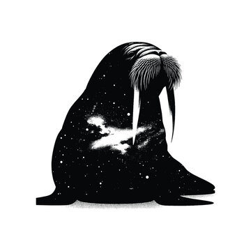 recommend clip art: silhouette of Walrus sitfilled with space and sci-fi element in rough drawing,