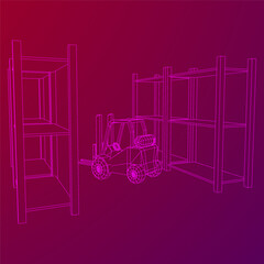 Forklift Loader lift truck in warehouse near rack. Wireframe low poly mesh vector illustration.