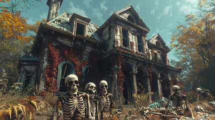  A haunted house on Halloween with skeletons and zombies emerging from the ground, adding to the horror 