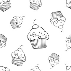 A pastry doodle background in black and white, a seamless hand-drawn cupcake pattern 