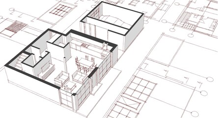 house architectural project sketch 3d illustration	