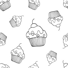 A pastry doodle background in black and white, a seamless hand-drawn cupcake pattern 