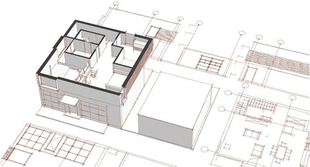 house architectural project sketch 3d illustration	