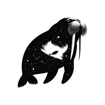 recommend clip art: silhouette of Walrus filled with space and sci-fi element in rough drawing,