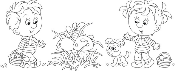 Funny little girl and boy mushroomers with small baskets found very large edible mushrooms in a forest glade, black and white vector cartoon illustration for a coloring book