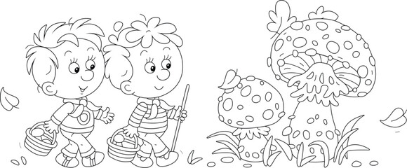 Funny little boys mushroomers with small baskets found a very large fly agaric with a spotted cap among grass in a forest glade, black and white vector cartoon illustration for a coloring book