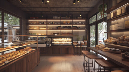 Cozy bakery shop interior with fresh baked goods on display during morning hours