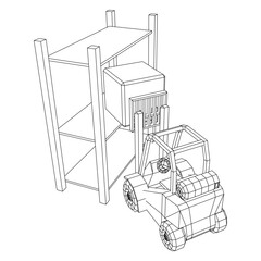 Forklift Loader lift truck in warehouse near rack. Wireframe low poly mesh vector illustration.