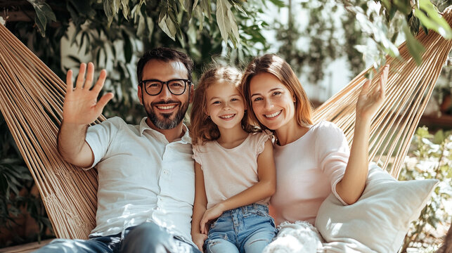 Family relaxing in hammock on vacation.