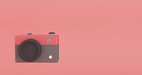 3d realistic camera isolated on red background.Time to travel concept in minimal style with copy space. 3d render illustration