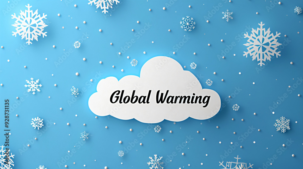 Poster Global warming concept with paper snowflakes falling from a cloud on a blue background