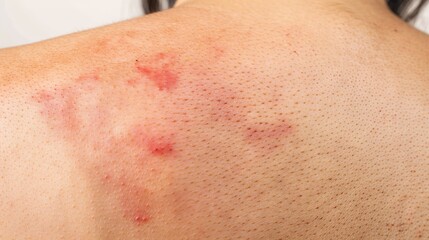 Fototapeta premium Close-Up of Skin Texture Exhibiting Severe Urticaria or Hives on the Back, Highlighting Allergy Symptoms and Skin Condition with Visible Inflammation and Rash