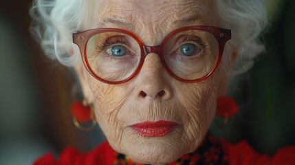 A close-up portrait of an elderly woman with white hair, wearing large red glasses and earrings, showcasing her vibrant style and expressive face