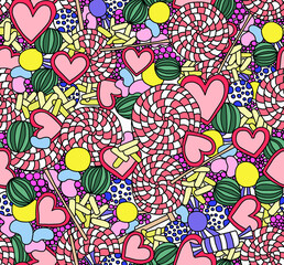 The drawing is a background of different caramels painted in bright colors.Seamless pattern.