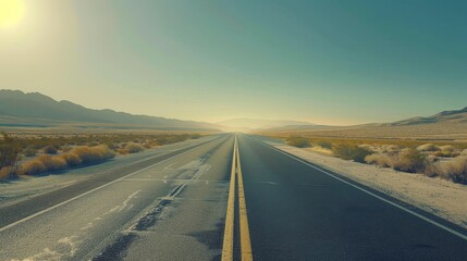 Create an AI image of a deserted highway stretching through a vast desert landscape, highlighting the solitude and endless horizon.