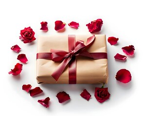 Elegant Valentine s Day Gift Box with Red Roses and Ribbon on White Background