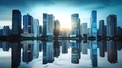 Futuristic City Skyline, Skyscrapers, Water Reflection, Business Center, Blue Theme, Stock Photo, Minimalist Style, High-Resolution