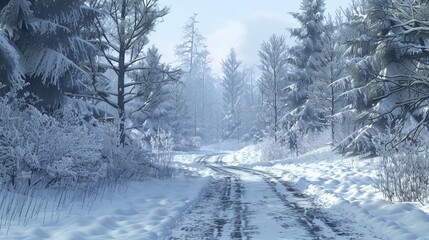 Obraz premium Create an AI image of a snow-covered road through a dense forest, with the trees heavily laden with snow, creating a winter wonderland.