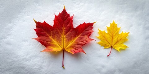 Autumn's Last Stand Two Maple Leaves on White Snow, Red and Yellow, Winter, Fall, Nature, Leaves