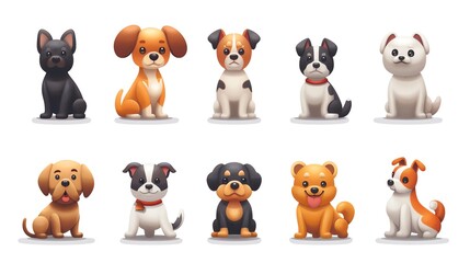 Obraz premium Cute cartoon dogs in various breeds and colors sitting on a white background.