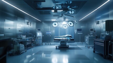 Fototapeta premium Sterile Hospital Operating Room with Surgical Equipment and an Empty Operating Table