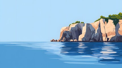 Minimalist Flat Illustration: Rocky Cliff Edge Over Calm Sea, Celebrating Cultural Heritage for Spanish Heritage Month