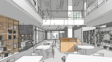 Create an architectural sketch of a modern library, focusing on its open spaces, reading areas, and technological integration.