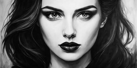 Fototapeta premium Black and White Portrait of a Woman with Intense Eyes, Oil Painting, Woman Portrait, Intense Gaze, Black and White Art
