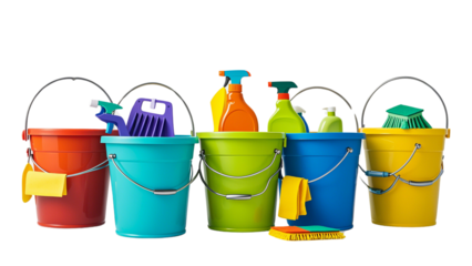Set Of Five Realistic Deffirent Design and Colour House Cleaning Equipment and Supplies in Bucket.....