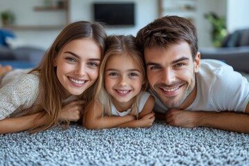 Happy young family lying on carpet at home, Generative AI