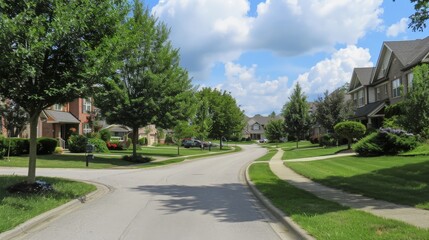 Create an image of a quiet suburban street with well-kept lawns and houses, showcasing a peaceful and orderly neighborhood.