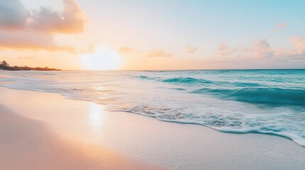 Wide-Angle Pristine Beach View, Vast Sandy Expanse with Scattered Seashells, Clear Sky, Openness, Tranquility
