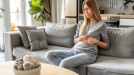 Young Woman Experiencing Severe Stomach Pain While Sitting on Sofa at Home, Depicting Discomfort, Health Issues, and Abdominal Pain