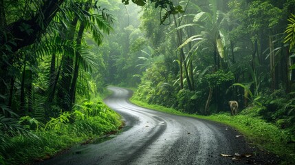 Obraz premium Create an image of a road through a dense jungle, with lush greenery and wildlife, emphasizing the adventure and natural beauty.