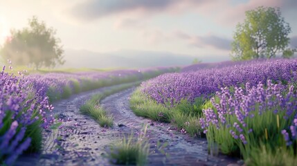 Naklejka premium Create an image of a road through a lavender field, with vibrant purple flowers lining the way, emphasizing tranquility and beauty.