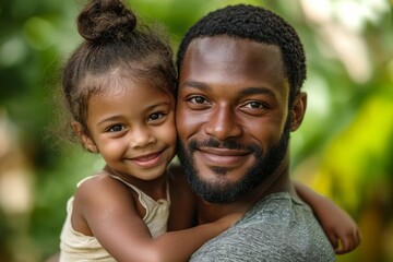 Fototapeta premium Portrait of young father carrying his daughter on his back, Generative AI