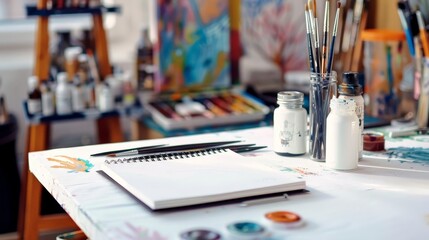 Fototapeta premium Create an image of a white art table with sketchbooks, paints, and brushes, highlighting a creative workspace.