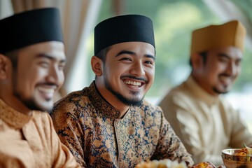Fototapeta premium Muslim friends laughing together while celebrating Idul Fitri at home, Generative AI