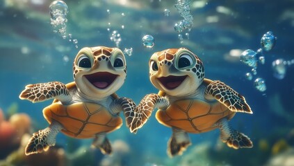 Two happy baby turtles smiling and holding hands in the ocean