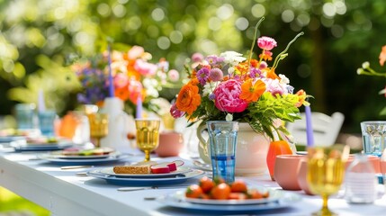 Create an image of a white outdoor table set up for a garden party, with vibrant tableware and floral centerpieces, celebrating a festive occasion.