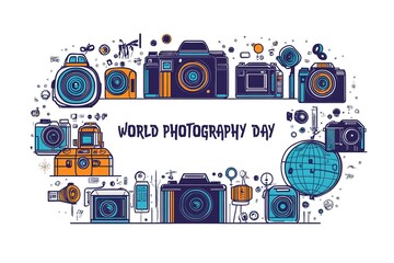 Obraz premium World Photography Day with World Map Background, photographer taking photo. World Photography Day social media banner and instagram banner post design