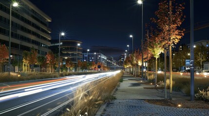 Create an image of an urban road at night, lit by streetlights and lined with modern buildings, showcasing the quiet side of the city.