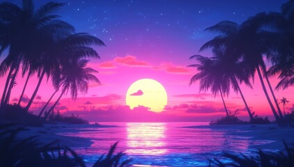 Obraz premium sunset of 90s synthwave, retro cyberpunk and video games
