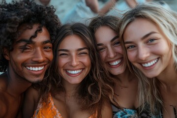 Fototapeta premium Multi generational friends smiling on camera outdoor - Group of multiracial people with different ages having fun together outdoor, Generative AI
