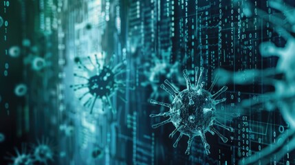 Digital Representation of a Virus with Binary Code Background