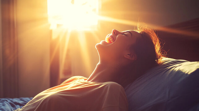 Happy mornings. Smiling asian woman wakes up in her bed, looks outside and feeld enthusiastic about her morning.