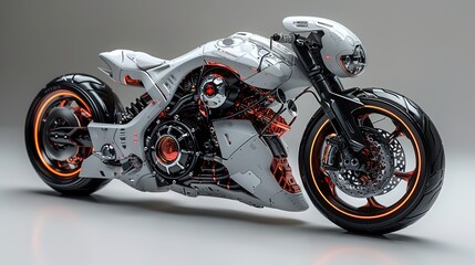 Futuristic white motorcycle with glowing orange rims.