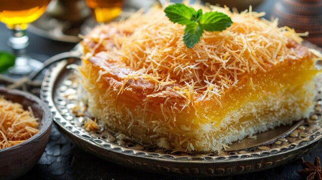 Describe the art of making traditional Ramadan desserts like Kunafa. Write about its layers of shredded pastry, sweet cheese, and fragrant sugar syrup, embodying the indulgence of festive sweets