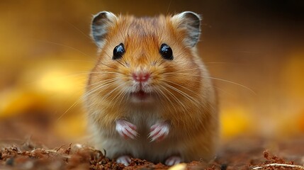 A cute hamster with big eyes and pink paws sits on brown ground.